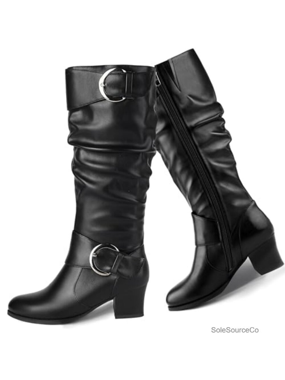 Riding Boots Knee High Slouch Round Toe Buckle Tall Block Mid Heel